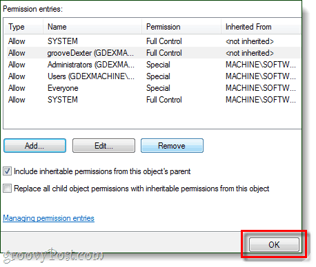 your user should appear on the list with full control, click ok to save changes to registry editor